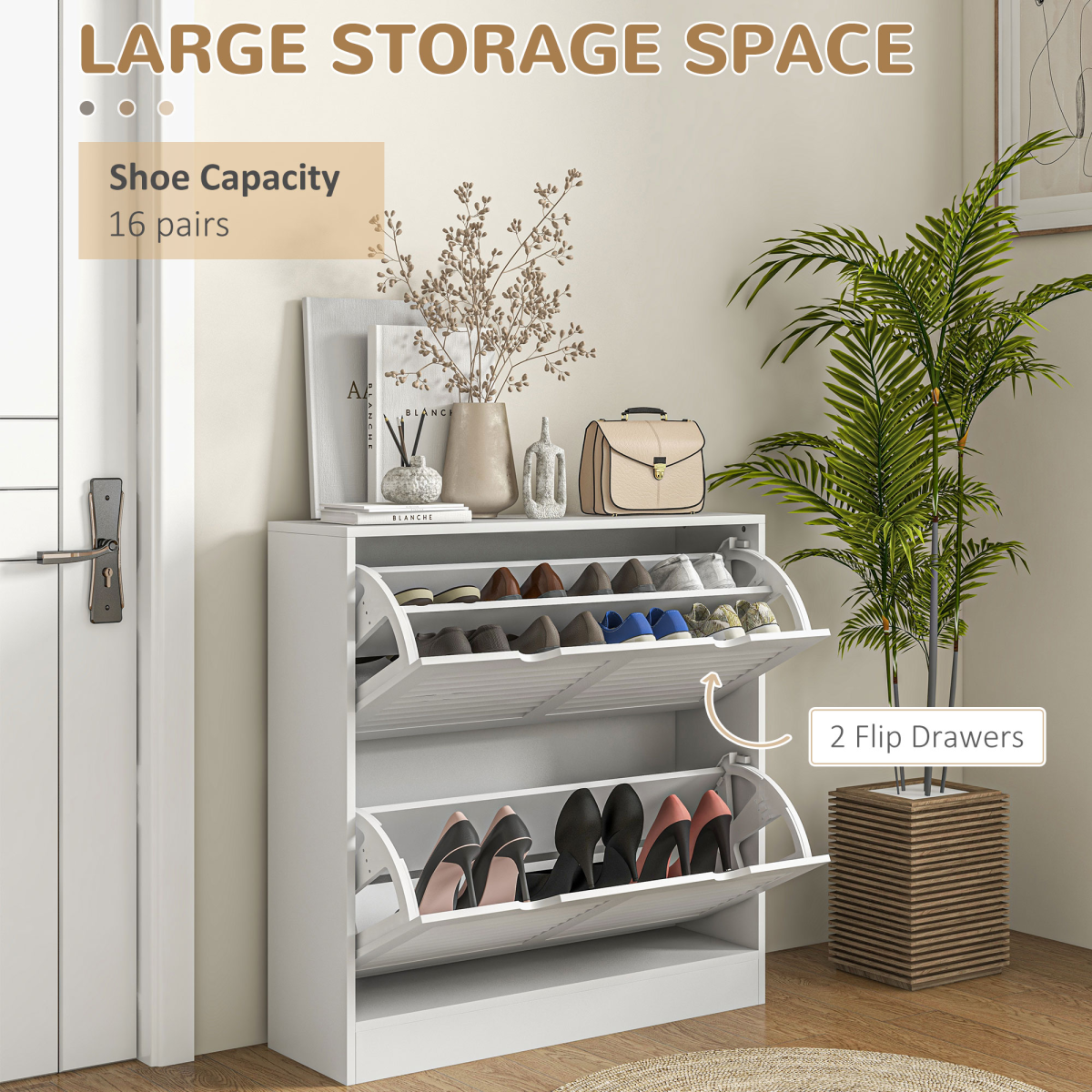 HOMCOM White Slim Shoe Cabinet with 2 Flip Drawers for Entryway