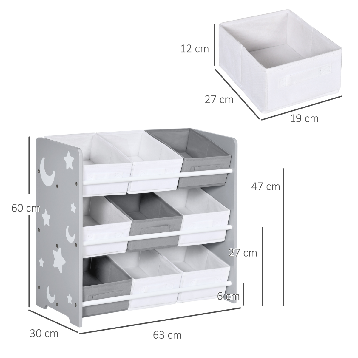 ZONEKIZ 9-Basket Storage Unit for Nursery Playroom, 3-Tier Kids Toy Storage, Grey