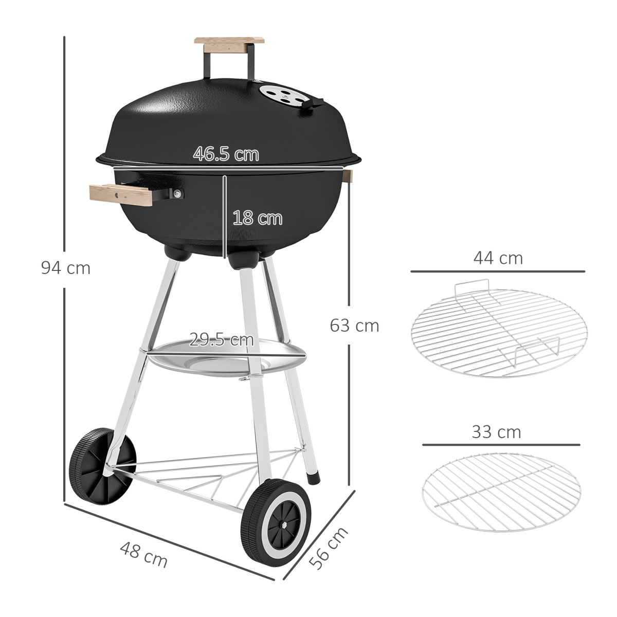 Outsunny Steel BBQ Grill with Porcelain Enamel Lid, One-Touch Cleaning System, Wheels and Bottom Shelf, 85H cm