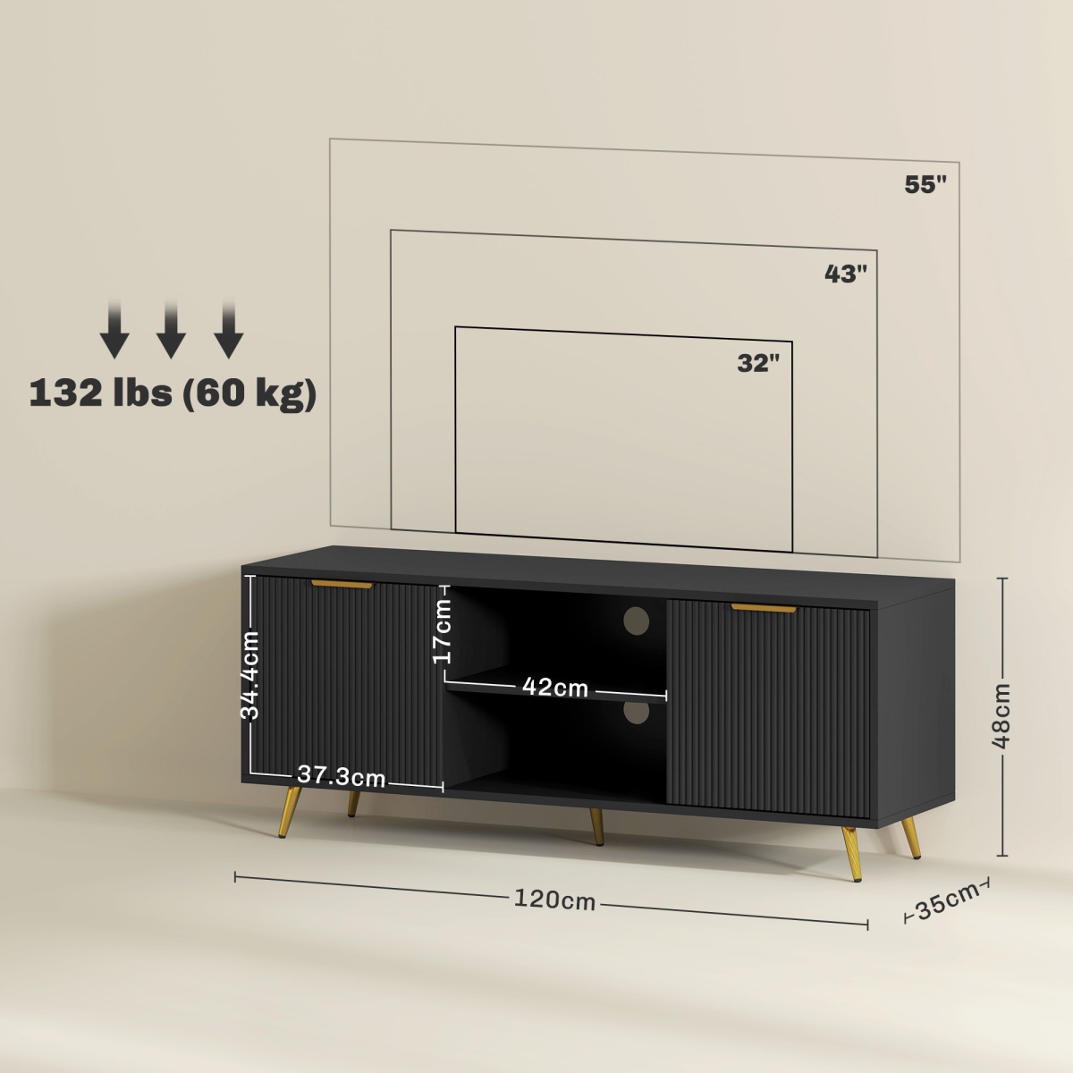 HOMCOM Black TV Stand Cabinet with Storage for 55 Inch TVs