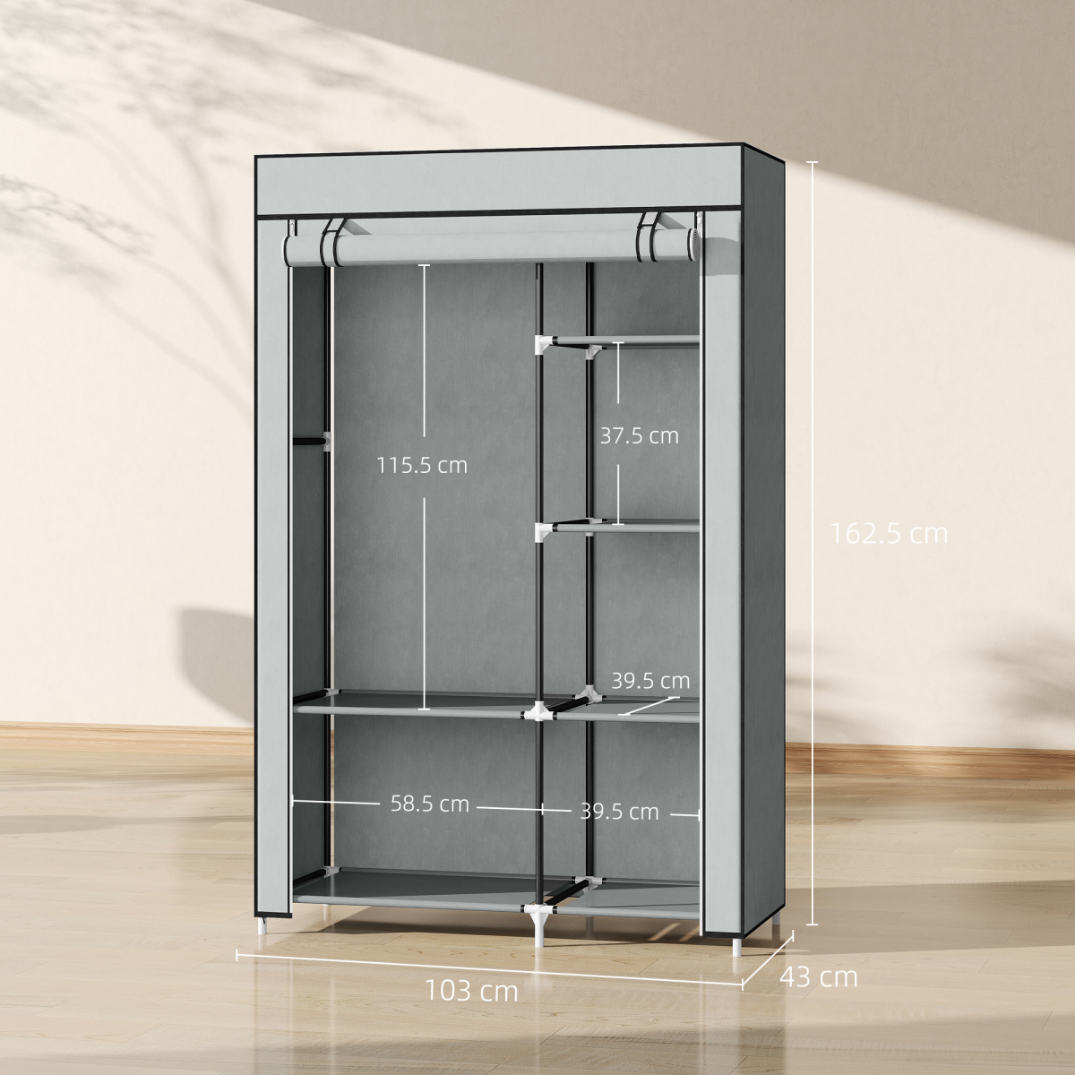 Portable Fabric Wardrobe with 6 Shelves, Hanging Rail, Light Grey