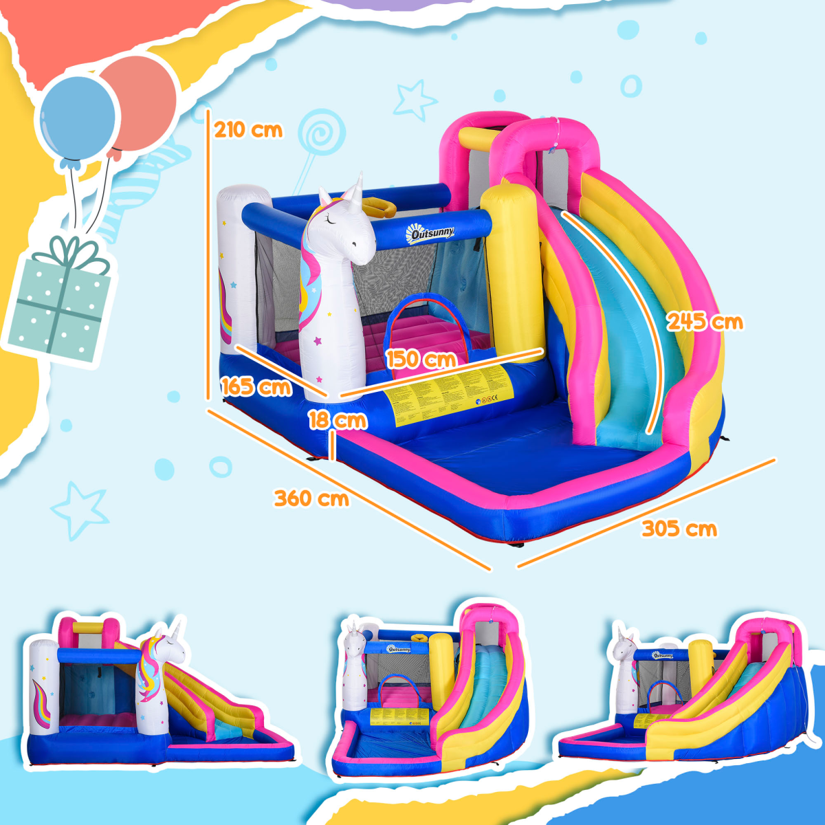 Outsunny 5-in-1 Bouncy Castle Inflatable Play Centre with Blower, Slide, Pool, Trampoline, Climbing Wall and Basketball Hoop, for Ages 3-8 Years