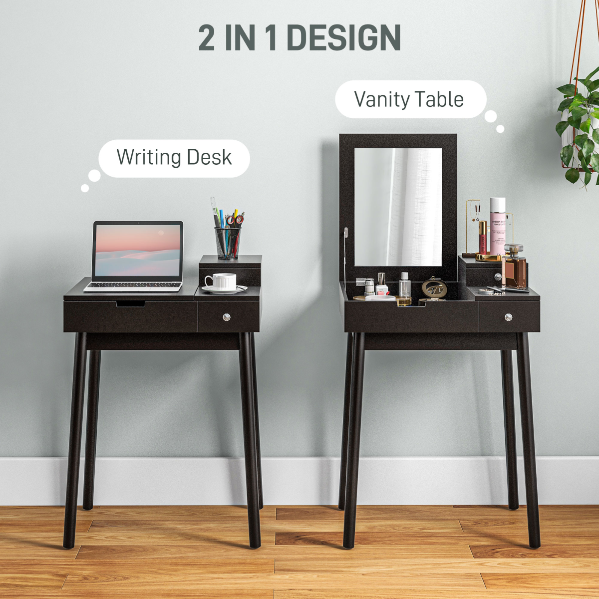HOMCOM Black Dressing Table Vanity Desk with Flip-Up Mirror, 2 Drawers
