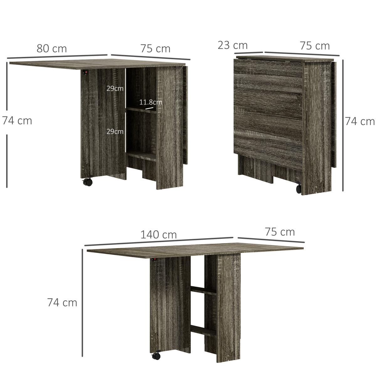 AIYAPLAY Grey Mobile Drop Leaf Dining Table with Wheels & Shelves