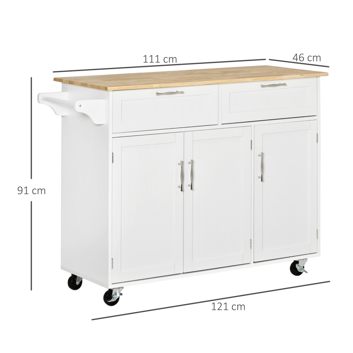 HOMCOM White Kitchen Island Cart with Wooden Top, Drawers & Cabinets
