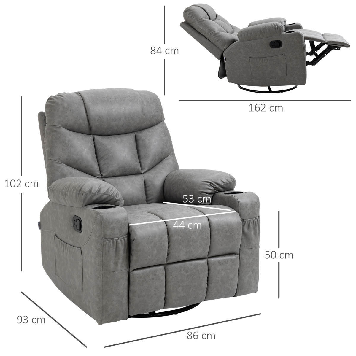 HOMCOM PU Leather Manual Recliner Chair with 360 Degree Swivel, Cup Holders and Side Pockets
