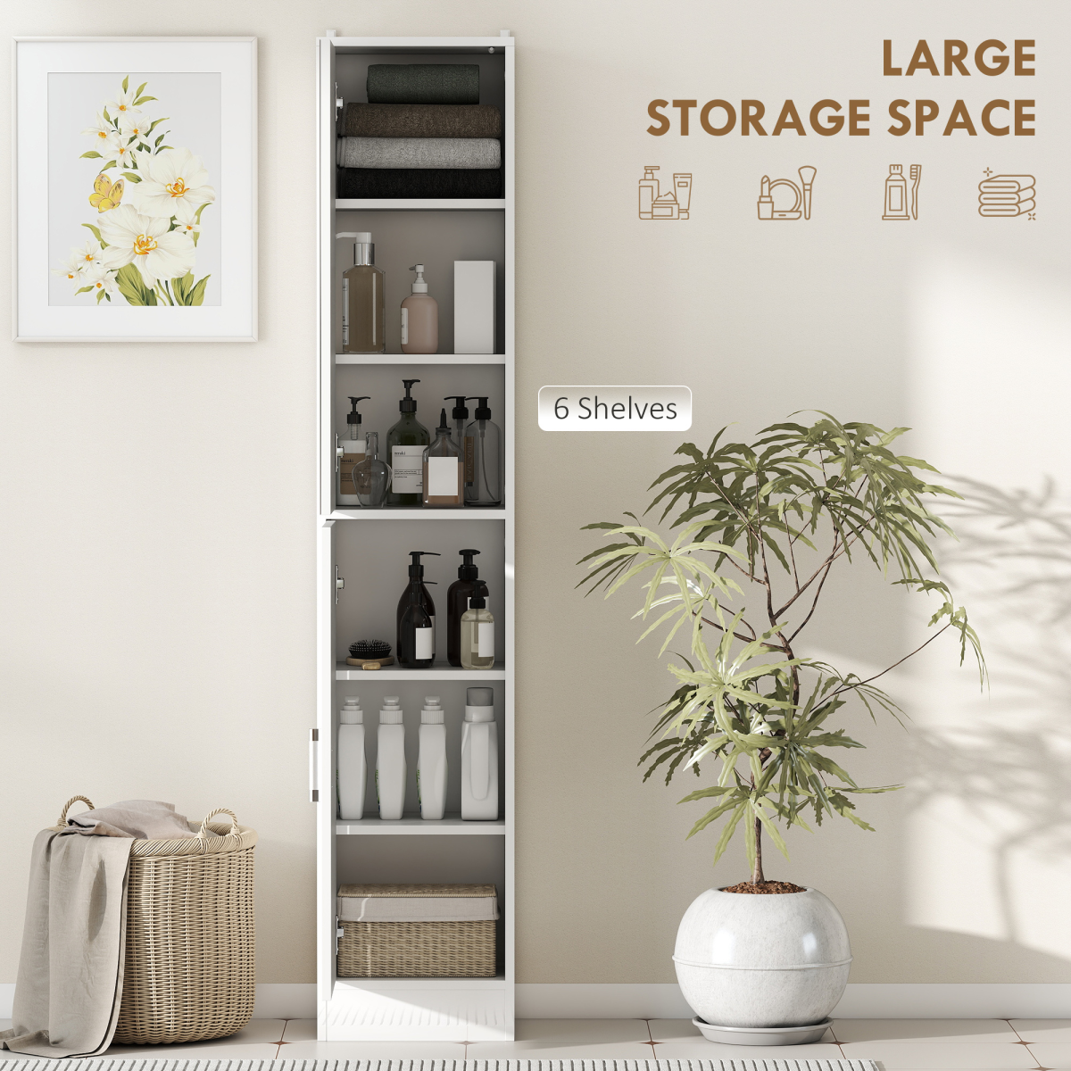 kleankin Tall Bathroom Storage Cabinet with Mirror, High Gloss White