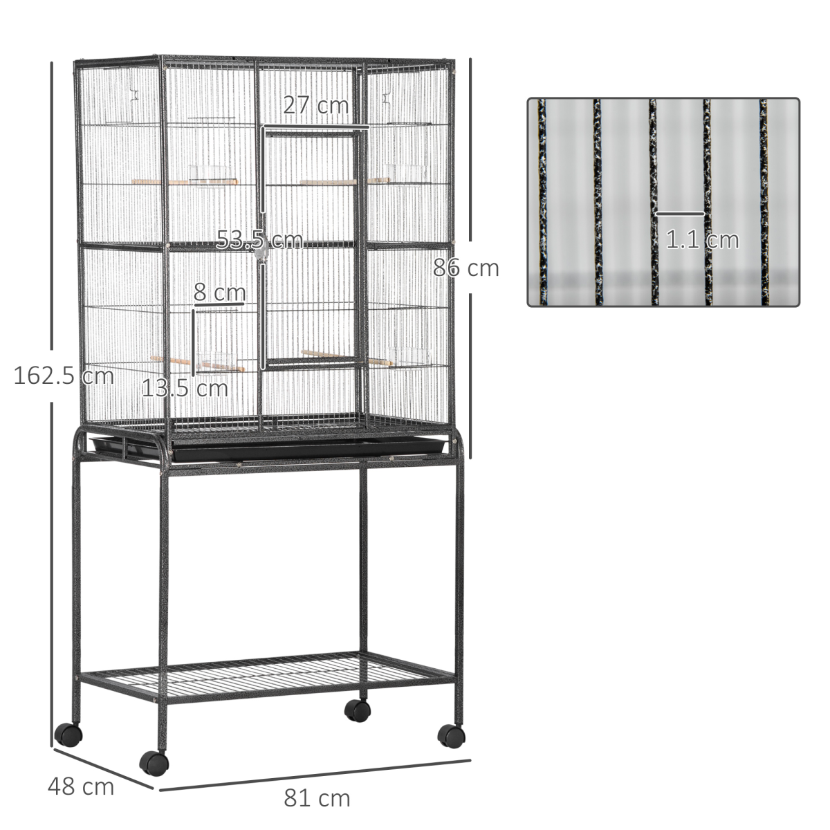 Pawhut Rolling Bird Cage with Detachable Stand, Storage Shelf, Wooden Perches, Food Containers