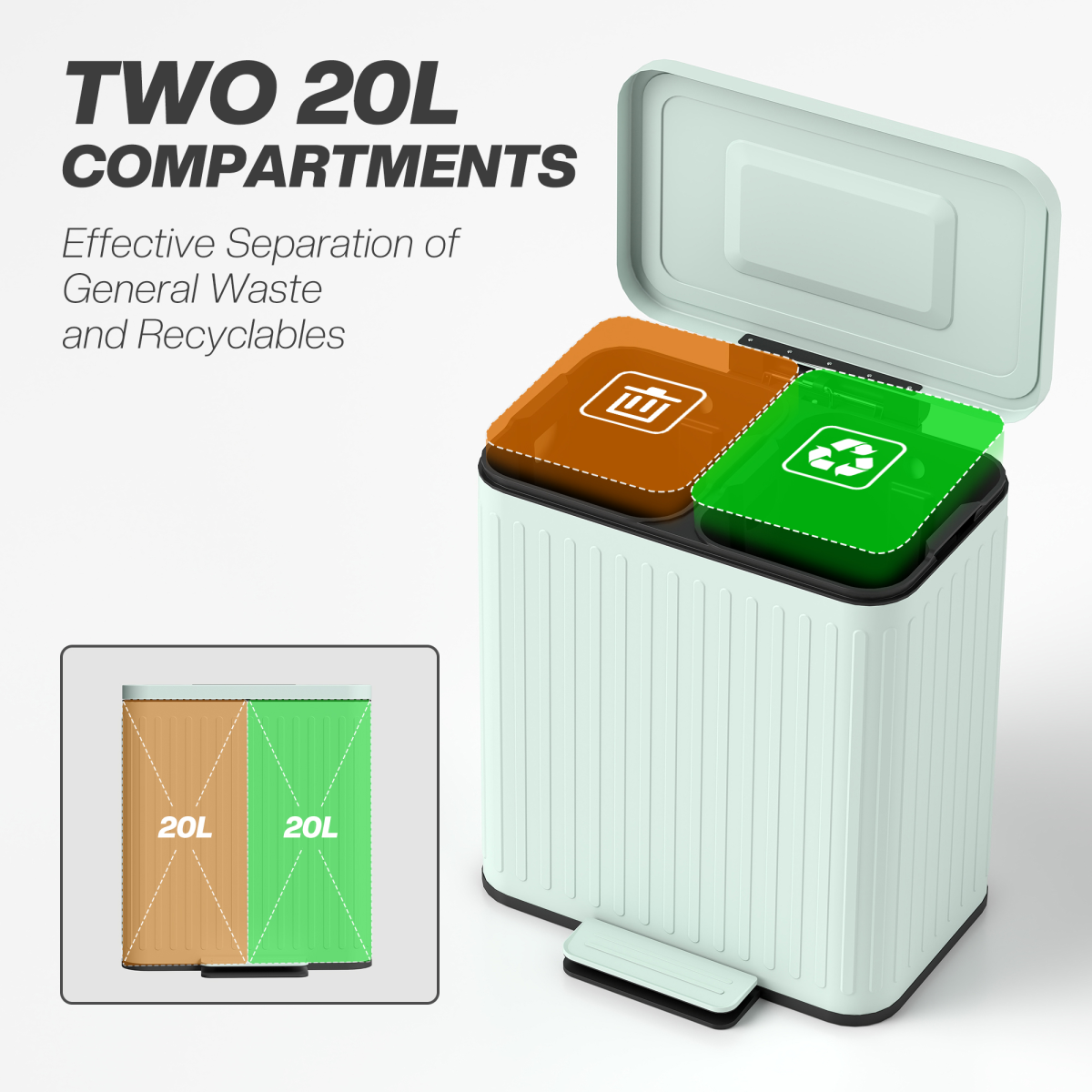 HOMCOM 2 x 20L Double Pedal Rubbish Bin with Soft-Close Lid, Green