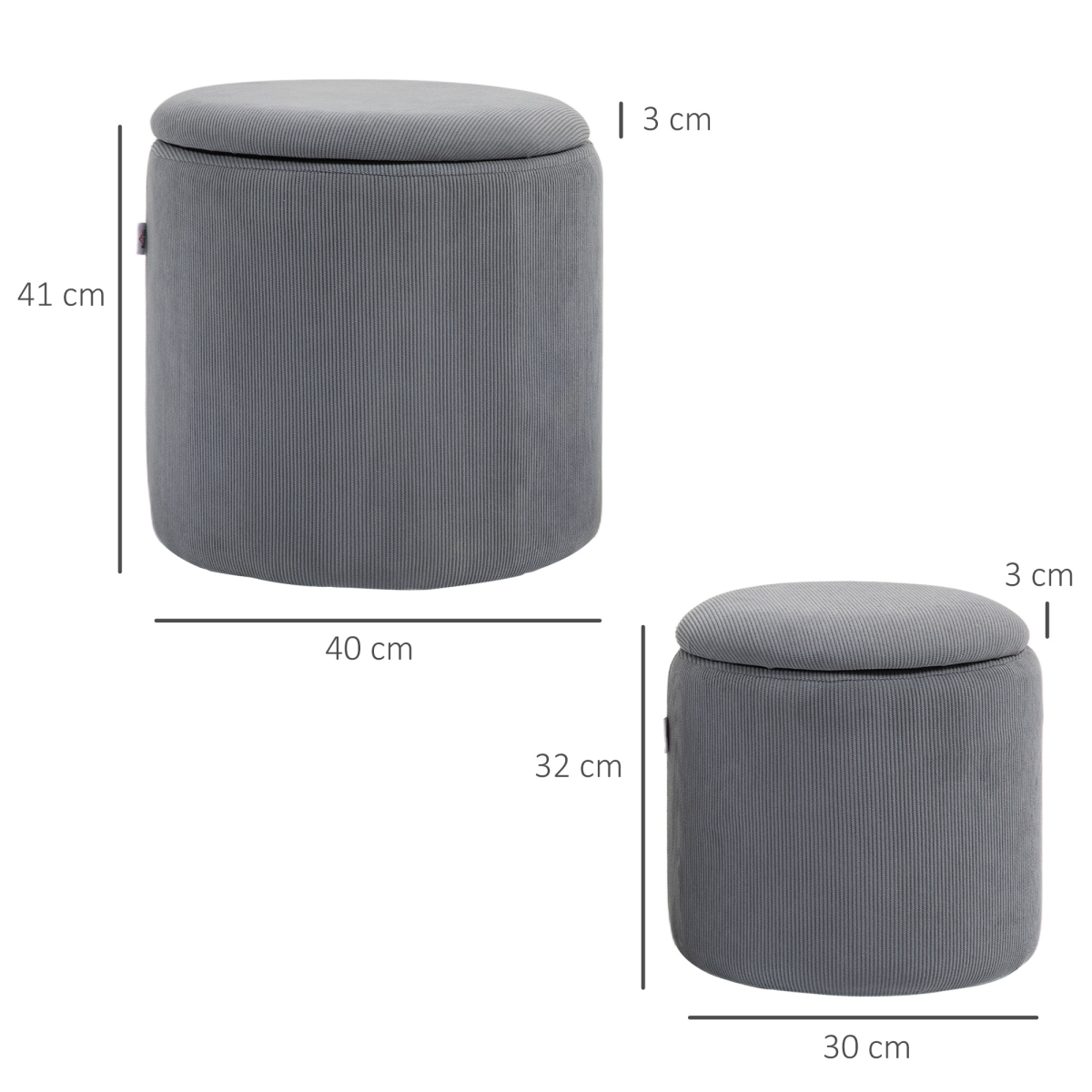 HOMCOM Set of 2 Fabric Storage Ottomans with Lids, Light Grey