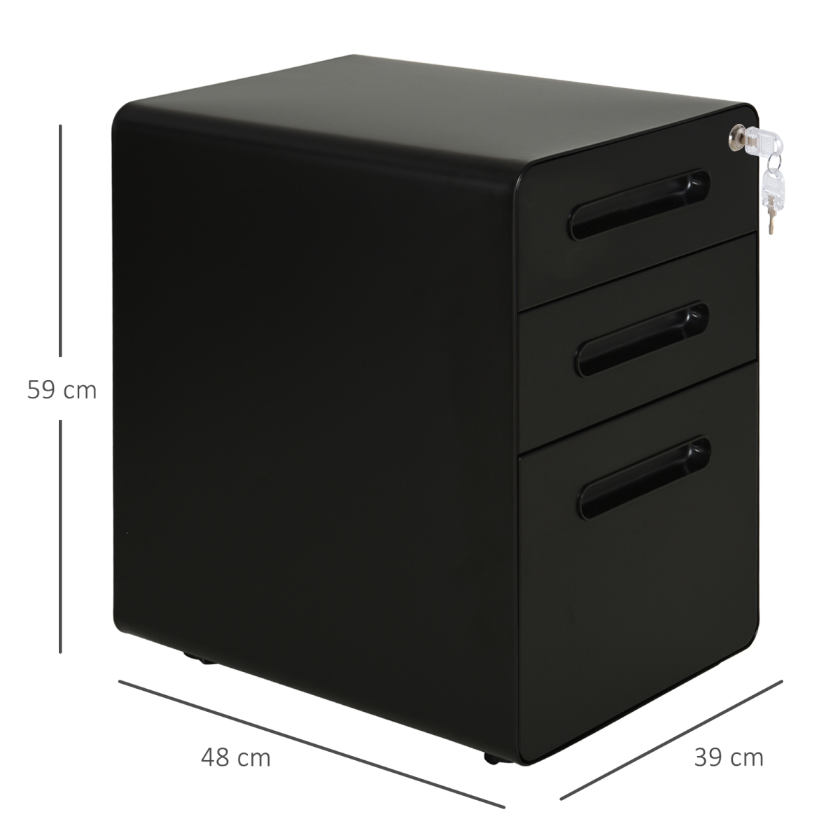3-Drawer Steel Filing Cabinet with Lock and 4 Wheels, Black