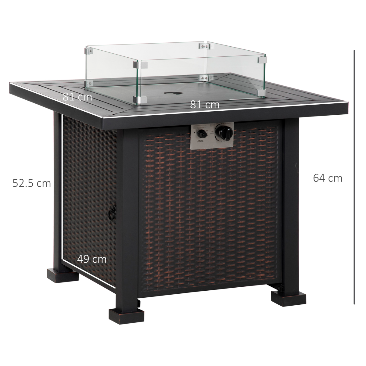 Outdoor Propane Gas Fire Pit Table with Glass Wind Screen and Glass Beads, Black, 50000 BTU, Outsunny