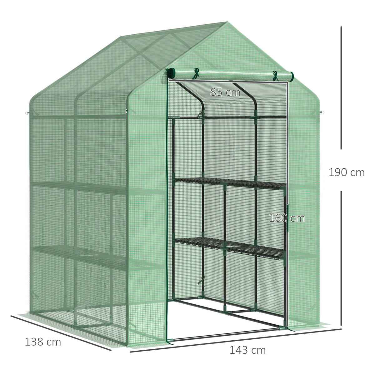 Walk-In Garden Greenhouse with Shelves, Roll-Up Door, 143x138x190cm