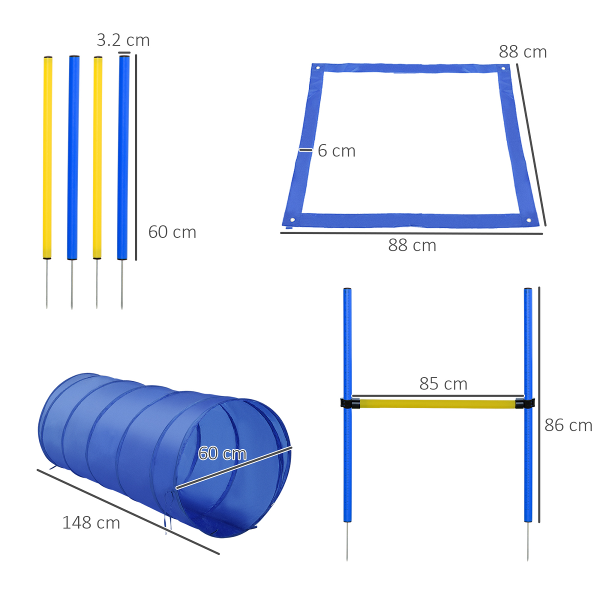 Pawhut Dog Agility Training Equipment with Poles, Hurdle, Tunnel, Adjustable Jump Height, Ground Spikes and Portable Bag