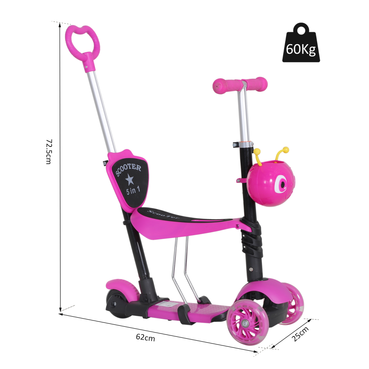 HOMCOM 5-in-1 Kids Toddler Scooter with Removable Seat, Adjustable Handle