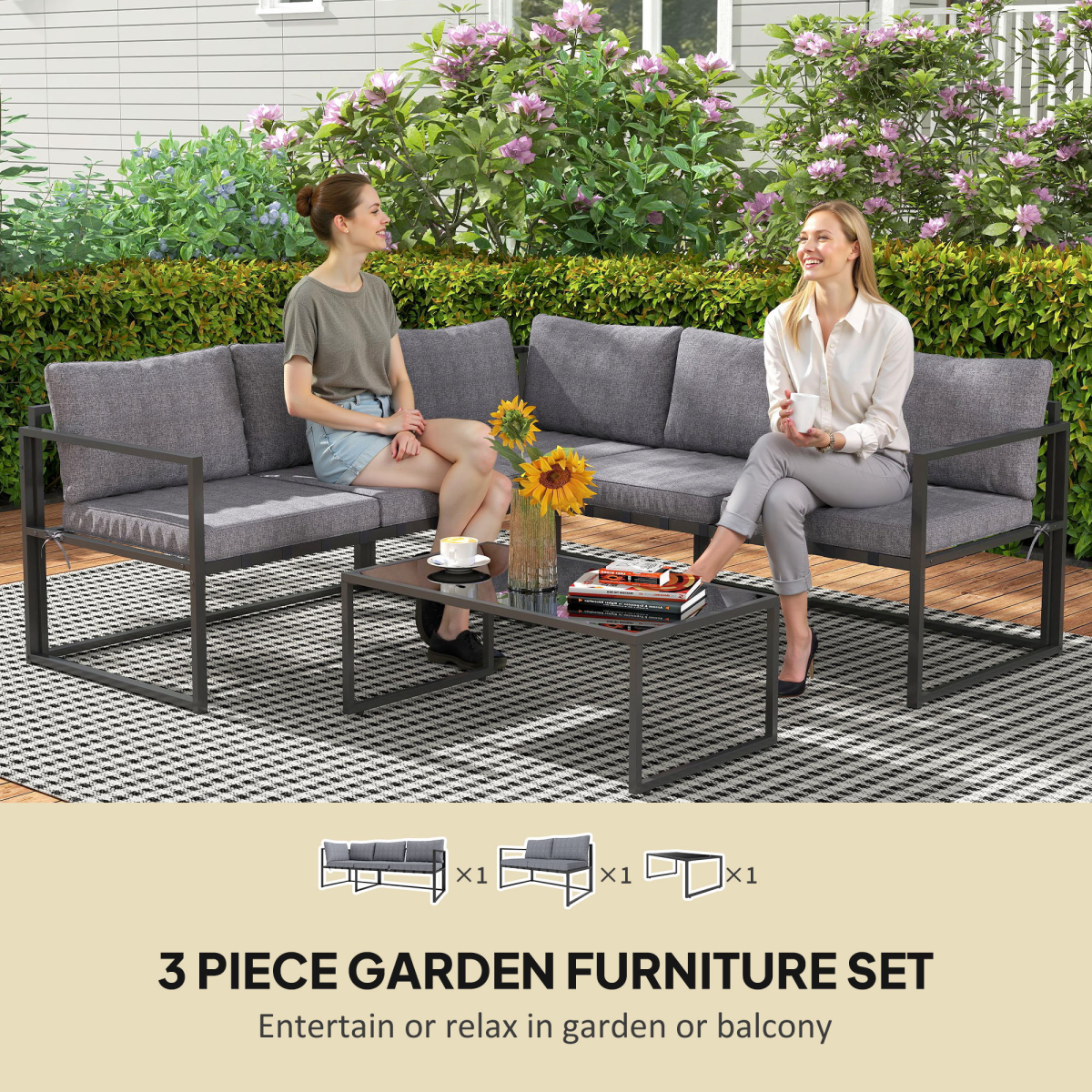 Outsunny 3-Piece Grey Garden Furniture Set with Cushions