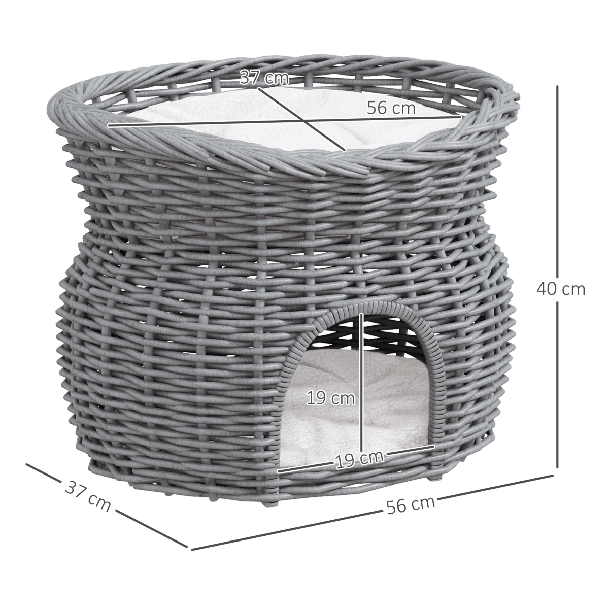 PawHut 2-Tier Elevated Willow Pet Cushion Bed with Washable Cushions, Grey