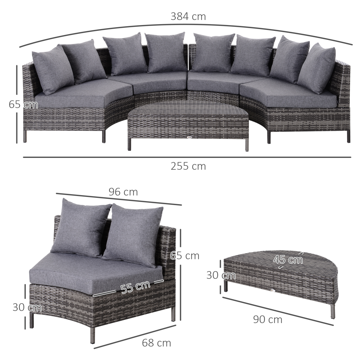Outsunny 5-Piece Half Moon Rattan Garden Sofa Set, Grey