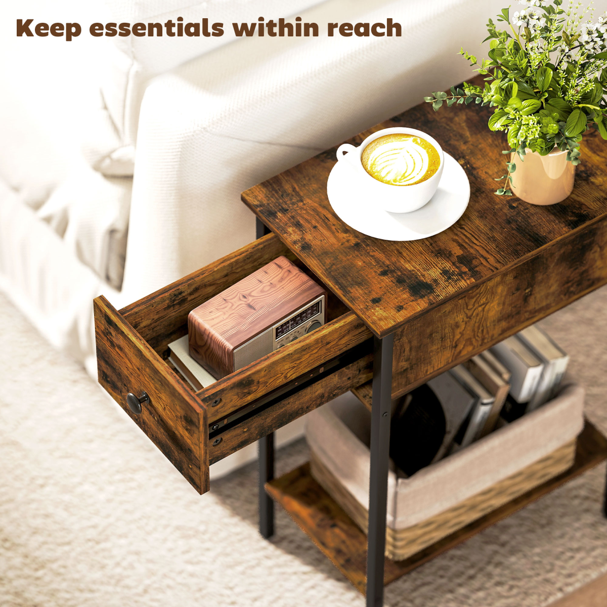 HOMCOM Industrial Narrow End Table with Drawer & Shelf, Rustic Brown