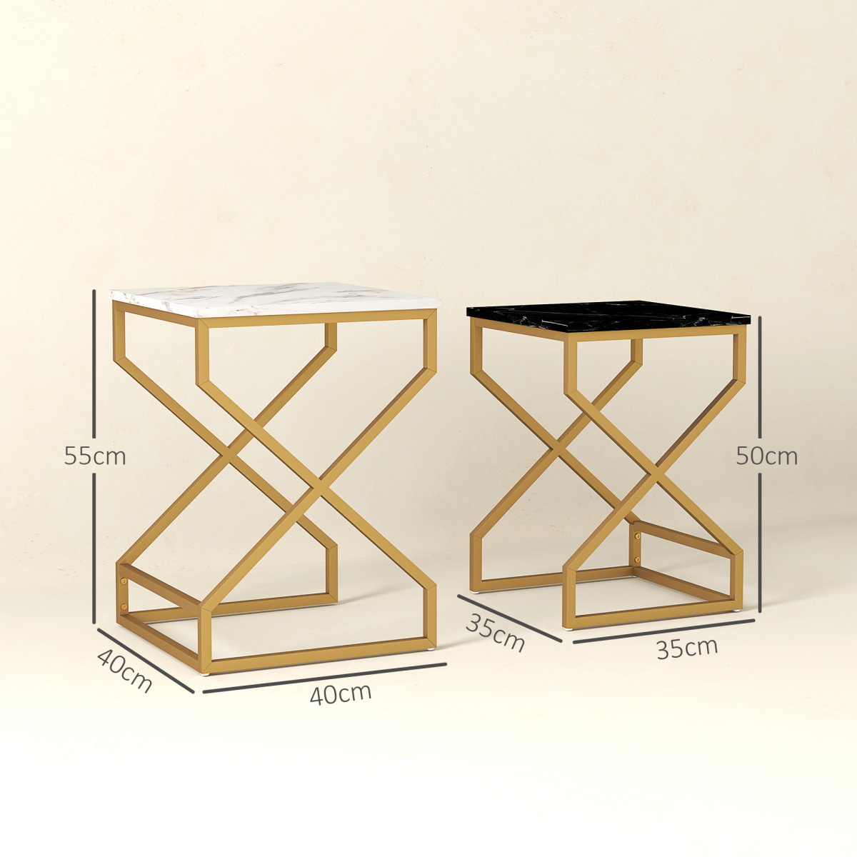 HOMCOM Nesting Coffee Tables Set, Marble-Effect Tops, Steel Frame, Black/White/Gold