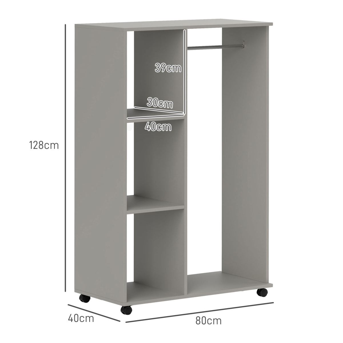HOMCOM Rolling Open Wardrobe with Hanging Rail & Shelves, Grey