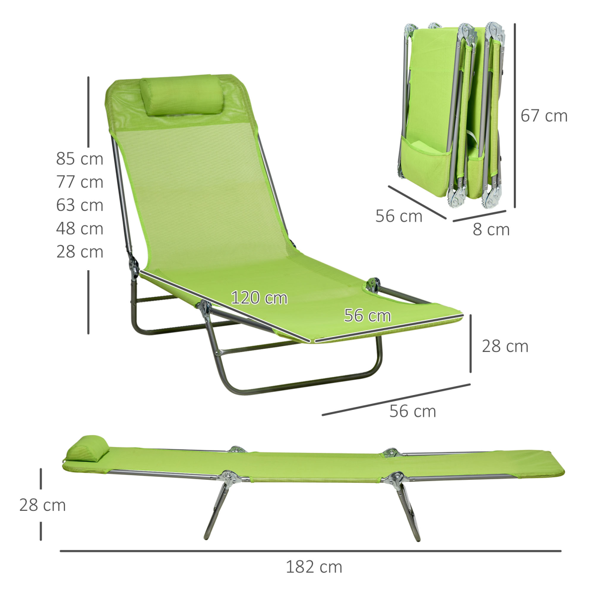 Outsunny Folding Sun Loungers Set of 2, Adjustable Backrest, Pillow, Green