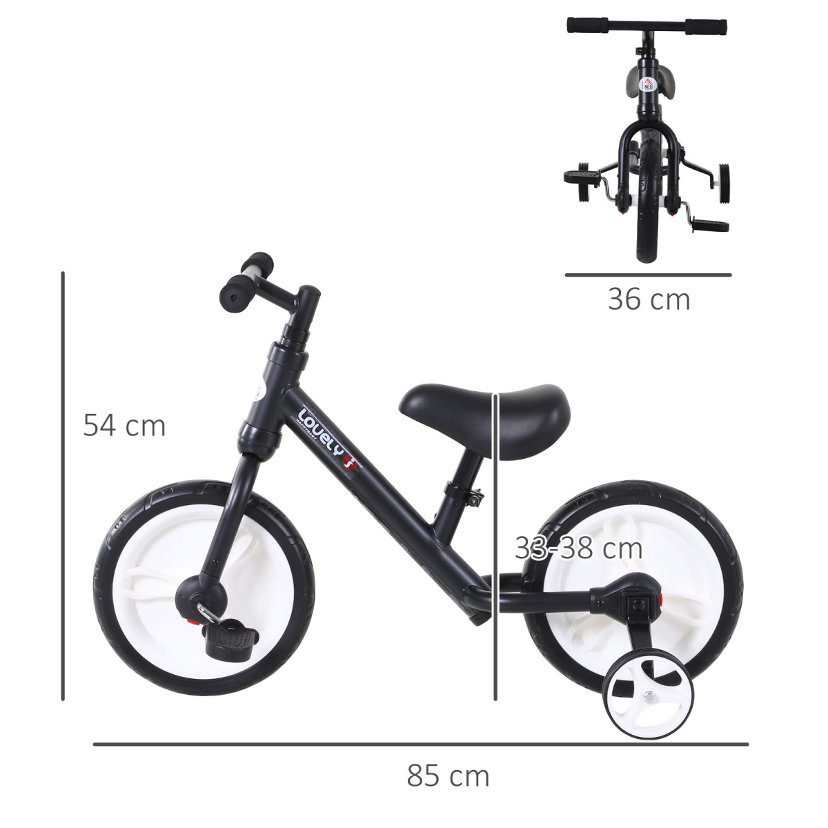 HOMCOM 2-in-1 Kids Balance Bike with Stabilizers, Black, Ages 2-5