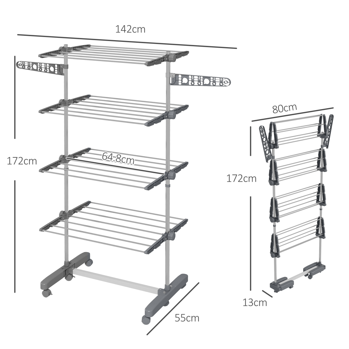 HOMCOM 4-Tier Stainless Steel Clothes Airer with Wheels, Grey