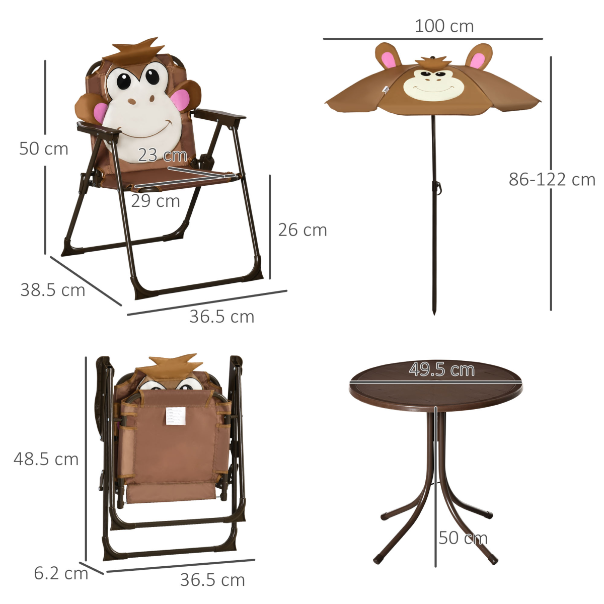 Outsunny Kids Foldable Four-Piece Garden Set with Round Table, 2 Fold-Out Chairs and Adjustable Umbrella, Monkey Design