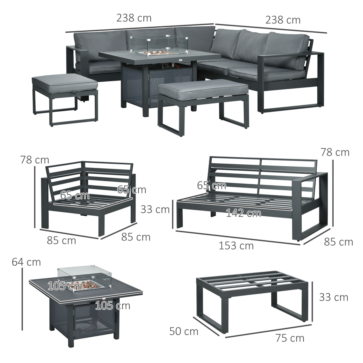 Outsunny 6-Piece Garden Furniture Set with Fire Pit Table, Aluminium