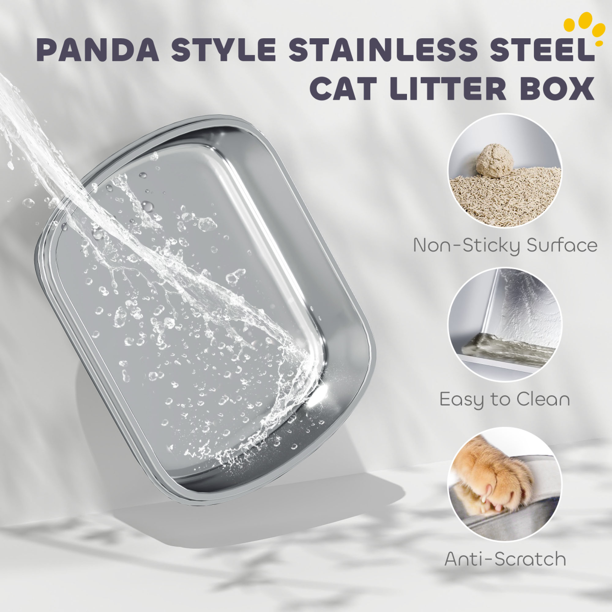 PawHut XL Stainless Steel Enclosed Cat Litter Box with Lid, Panda Style