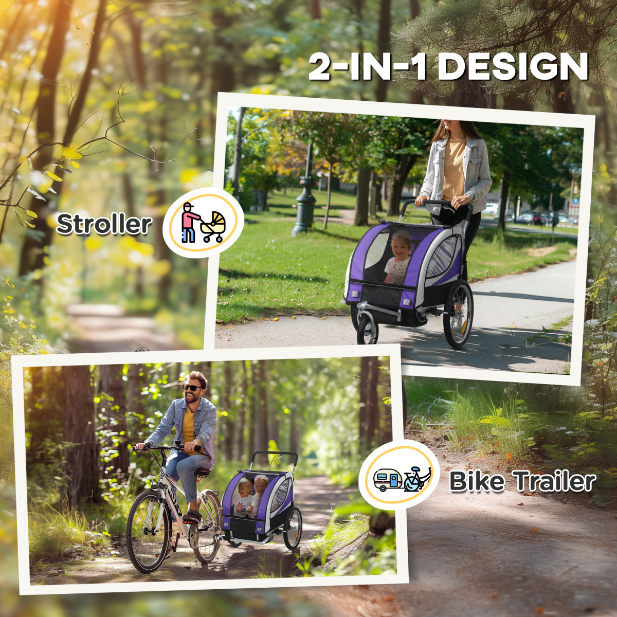 HOMCOM 2-Seat Child Bike Trailer with Safety Harness, Purple