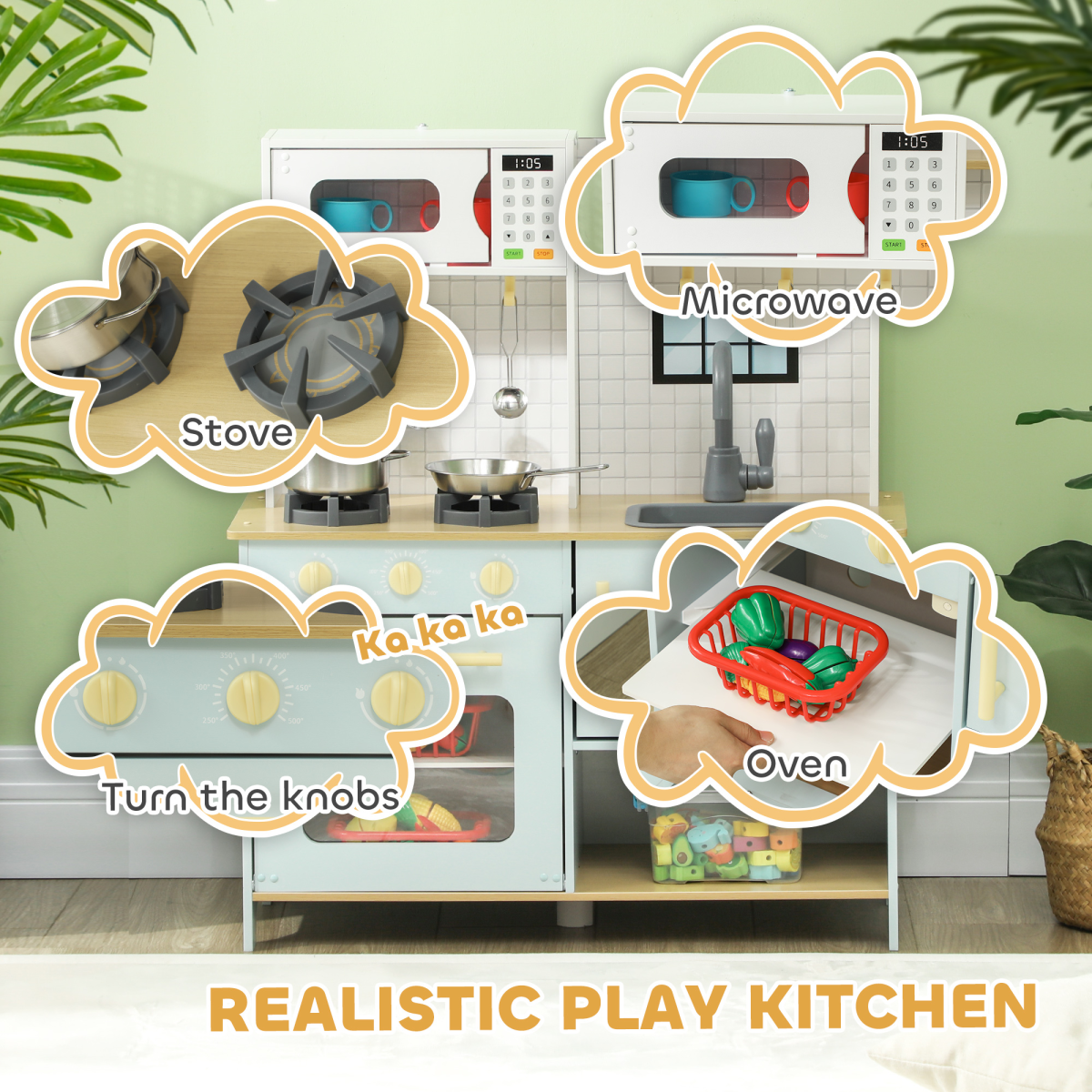 AIYAPLAY Play Kitchen with Stove, Microwave, Oven, Light & Sound