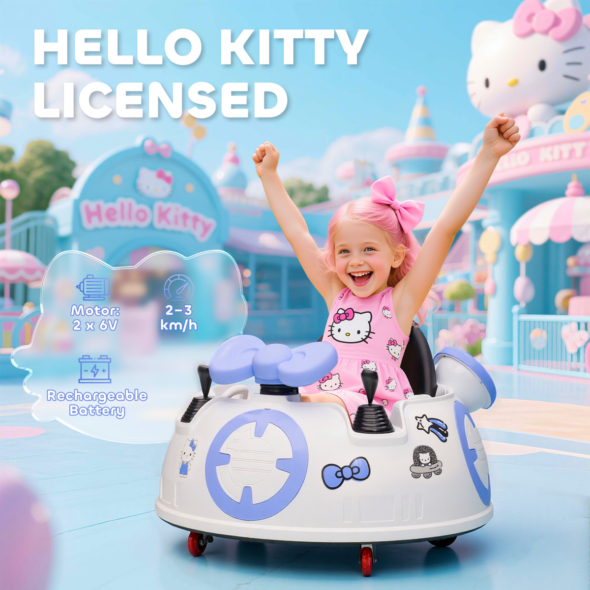 AIYAPLAY Hello Kitty Kids Ride-On Bumper Car with Remote Control, White