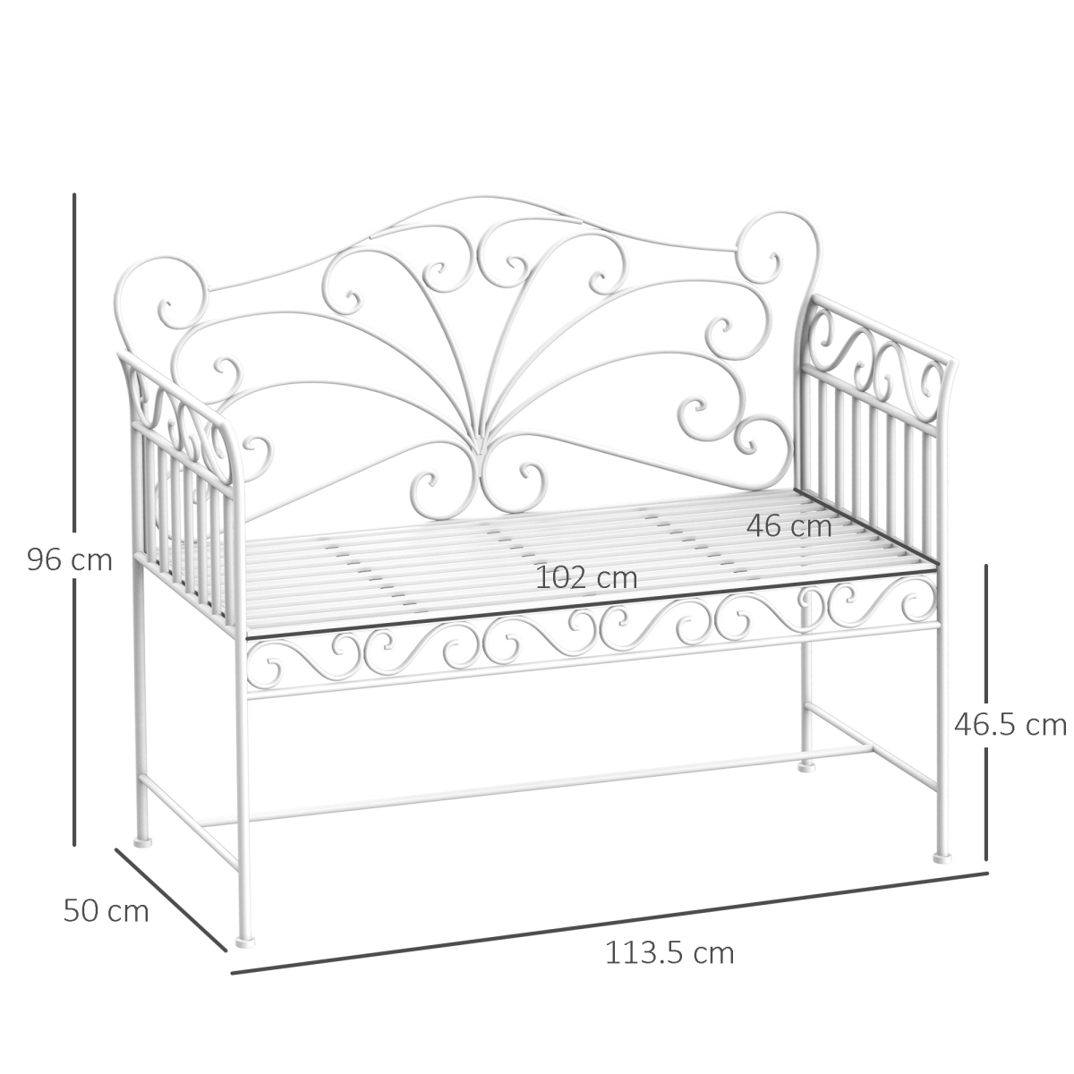 Outsunny 2-Seater White Metal Garden Bench with Backrest
