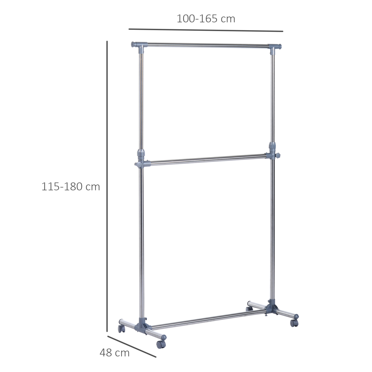 HOMCOM Adjustable Clothes Hanger with Wheels, Heavy Duty, Silver/Grey