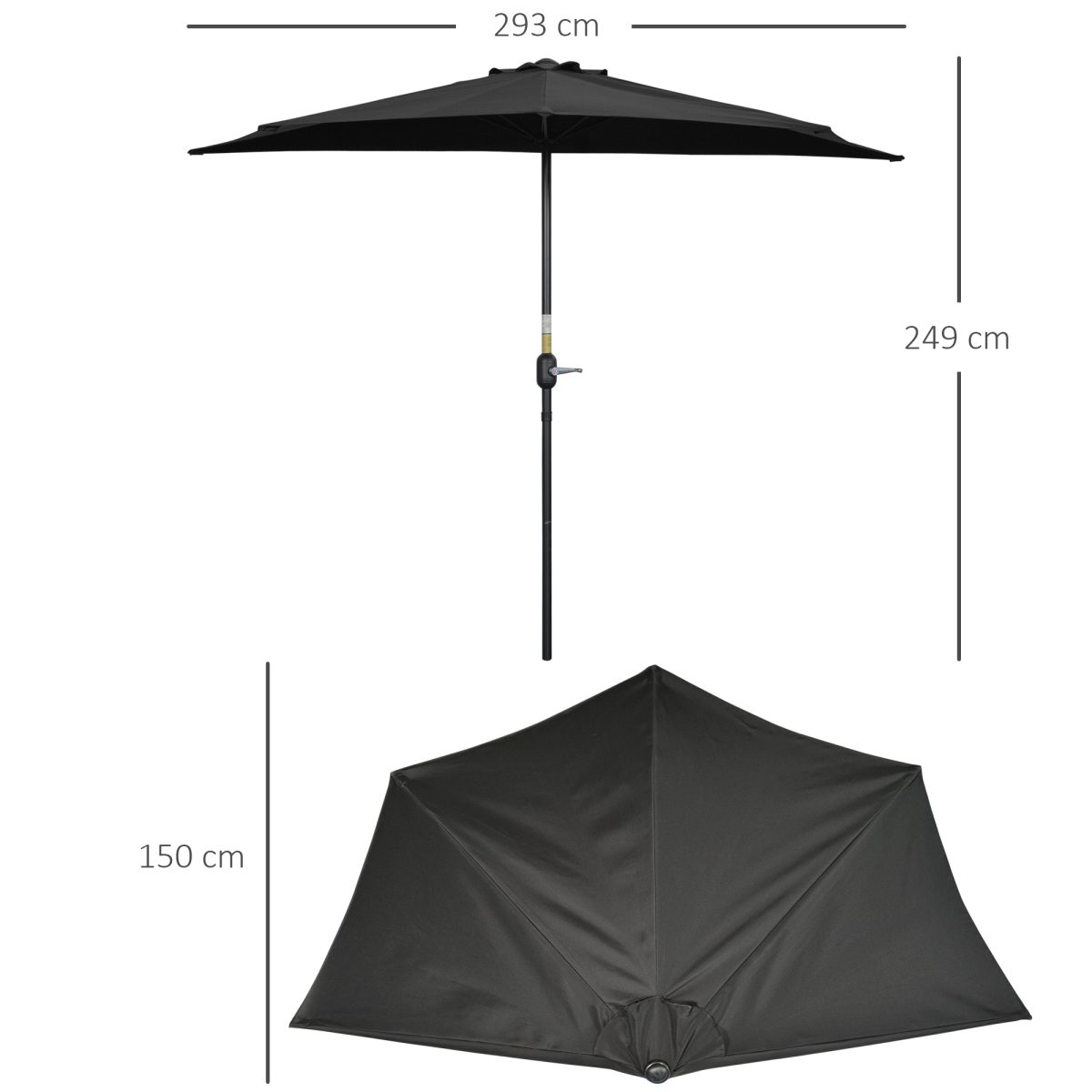 Outsunny 3(m) Half Round Parasol Garden Sun Umbrella Metal w/ Crank Black