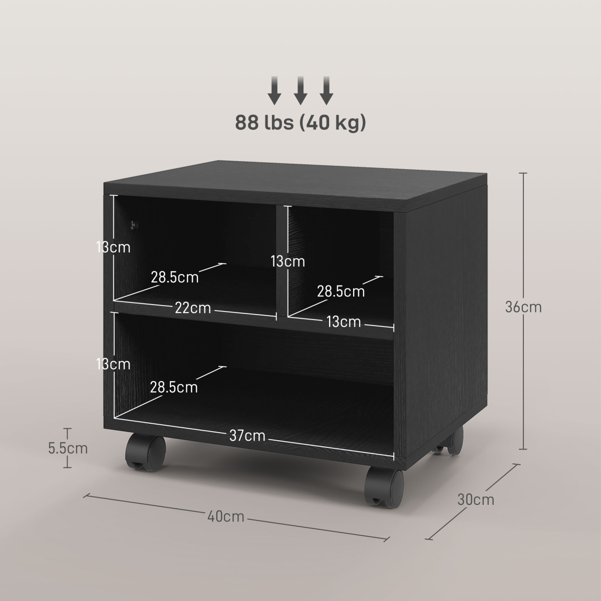 HOMCOM 3-Compartment Printer Stand on Wheels with Brakes, Black