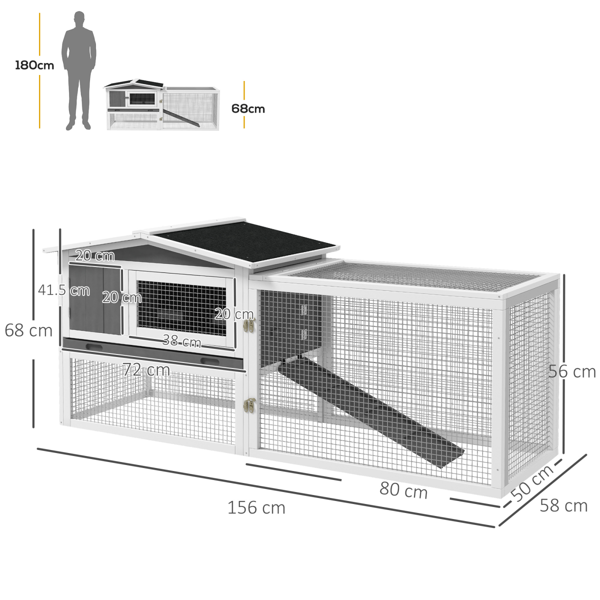 PawHut Outdoor Rabbit Hutch and Run with Slide-Out Tray, Detachable Run, Ramp, Fir Wood, 156 x 58 x 68cm