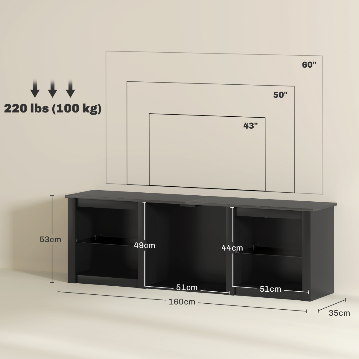 HOMCOM 160cm Black LED TV Stand for 65in TV