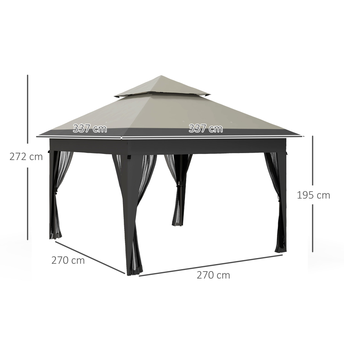 Outsunny 3 x 3 m Pop Up Gazebo with Mosquito Netting, Double Roof and Mesh Curtains, Grey