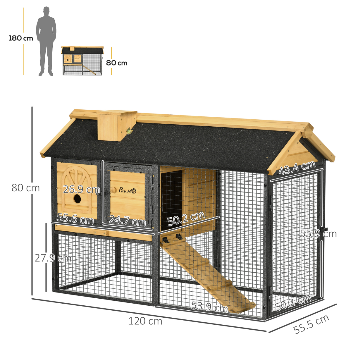 PawHut Outdoor Rabbit Hutch with Run and Removable Tray, Two-Tier Bunny Cage 120 x 55.5 x 80cm
