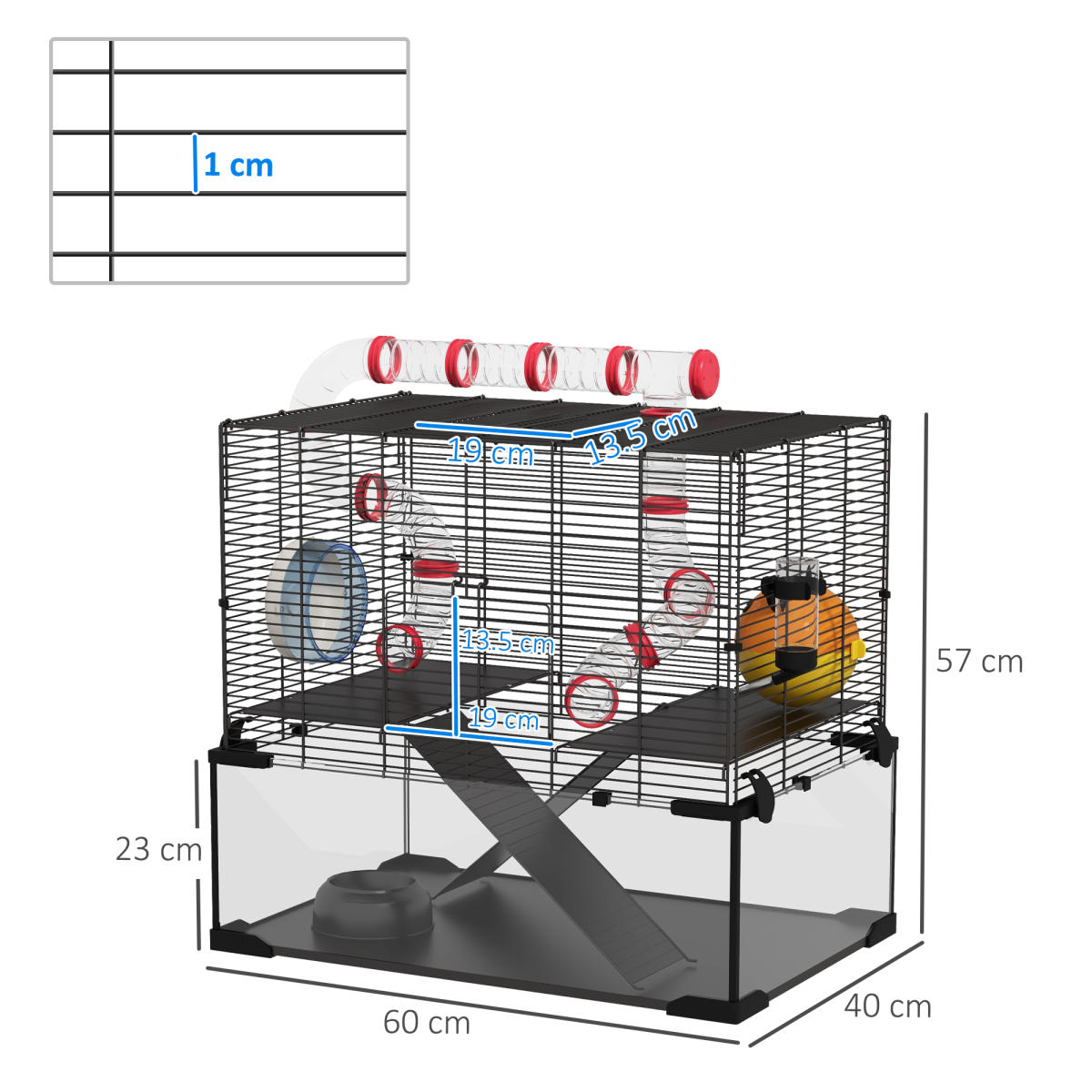 PawHut Hamster Cage with Tubes, Ramps, Platforms and Hut, 60 x 40 x 57 cm