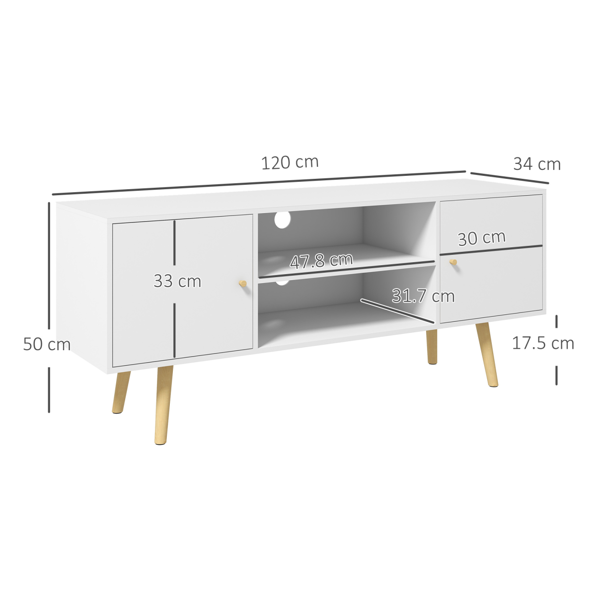 White TV Stand Cabinet with Storage, Cable Management, Wood Legs