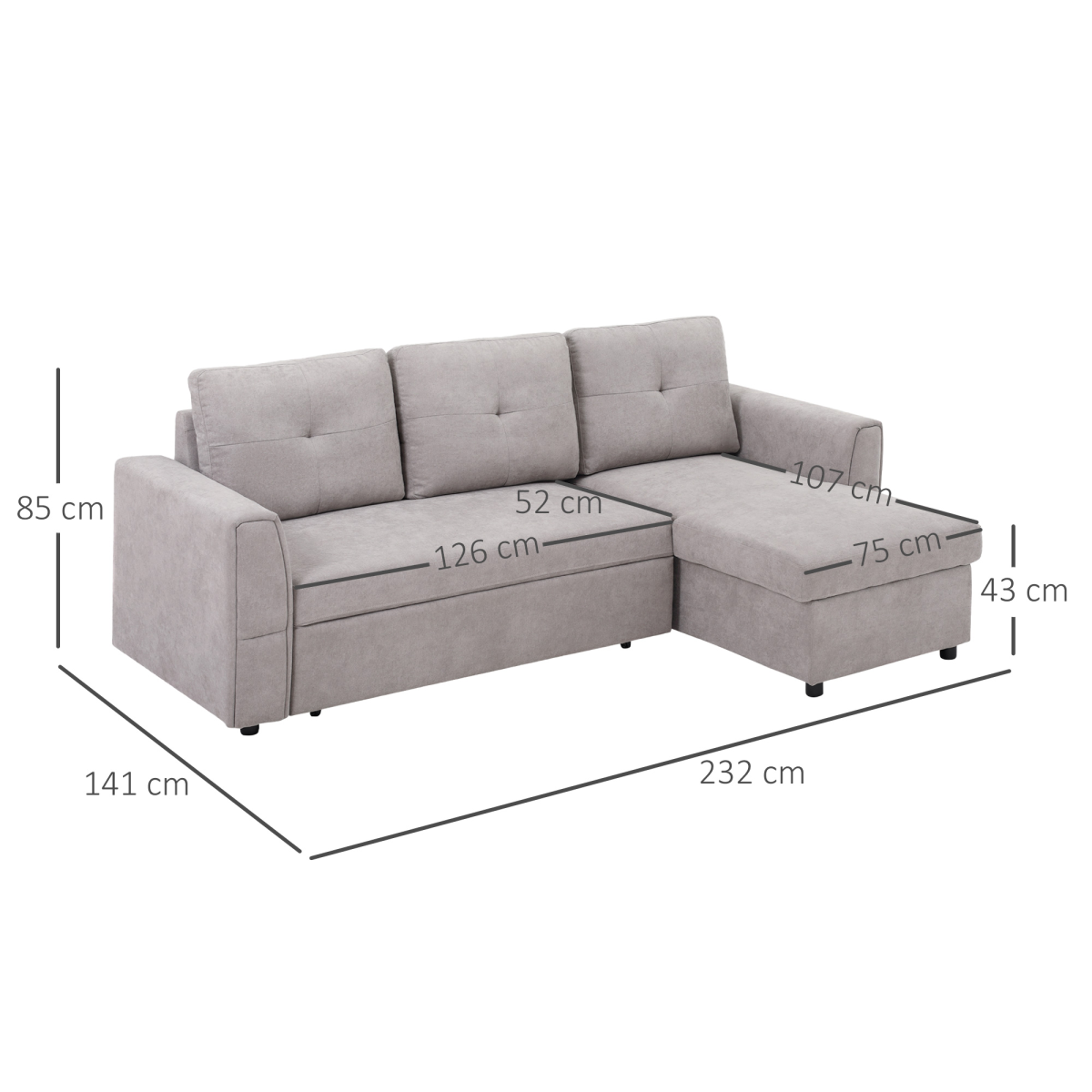 Linen-Look L-Shaped Sofa Bed with Storage, Grey