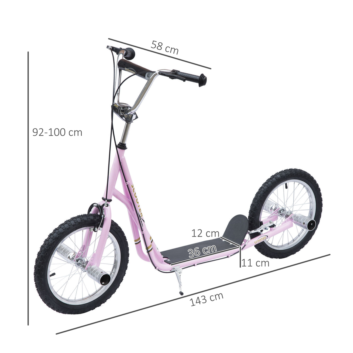 HOMCOM Kids Stunt Scooter 16 Inch Wheels Adjustable Height Pink, Age 5+, Steel Frame, Front and Rear Brakes