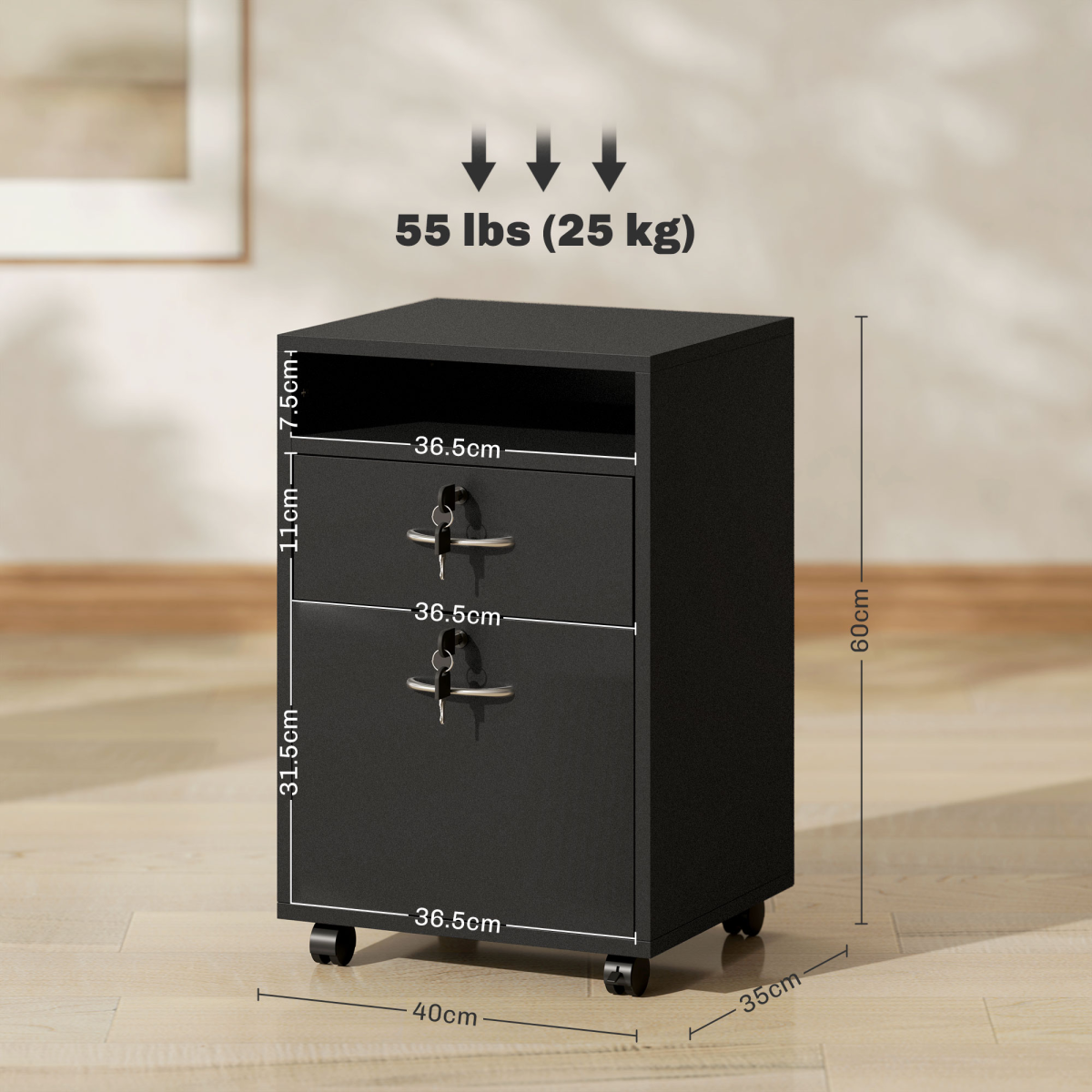 HOMCOM 60cm Black Storage Cabinet with Drawers, Open Shelf and Wheels