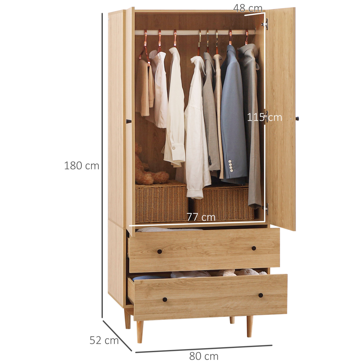 HOMCOM 2-Door Wardrobe with 2 Drawers, Hanging Rail, Bedroom Storage