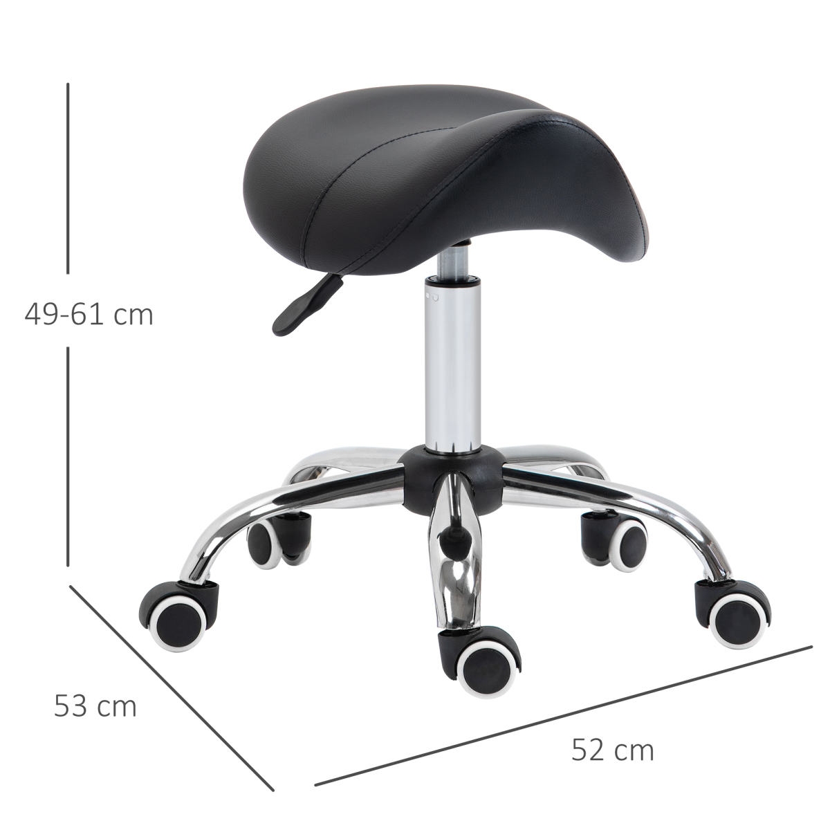Black PU Leather Saddle Stool with Padded Seat, Adjustable Height, 5 Wheels