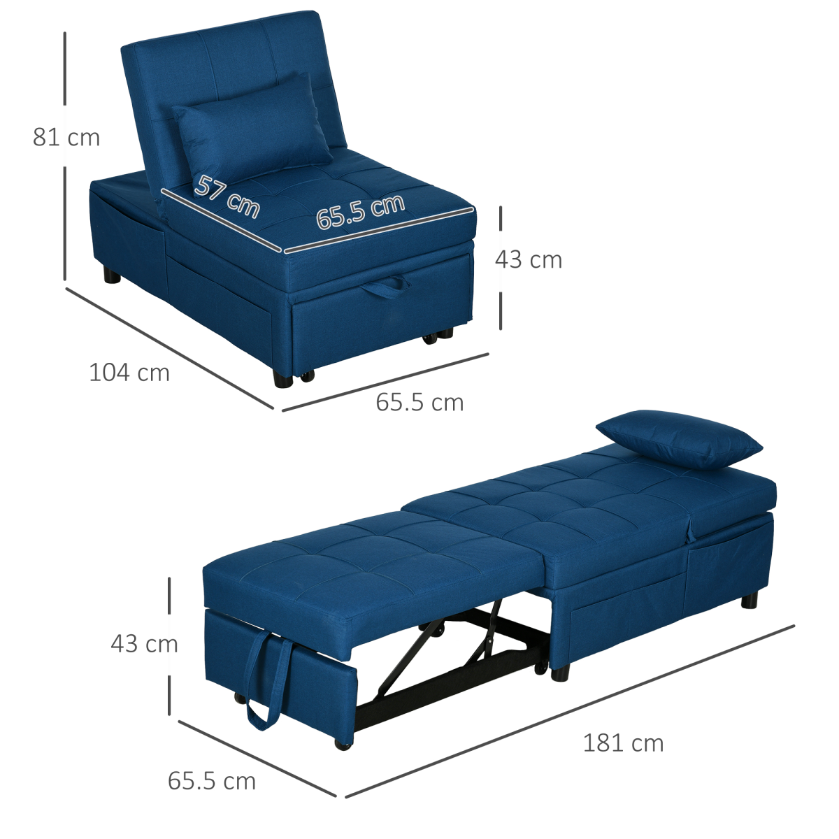 HOMCOM Folding Sofa Bed Adjustable Single Sleeper w/ Pillow Side Pocket, Blue
